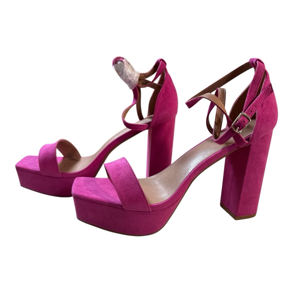 Fuchsia Pink Suede Platform Block Heel Sandals